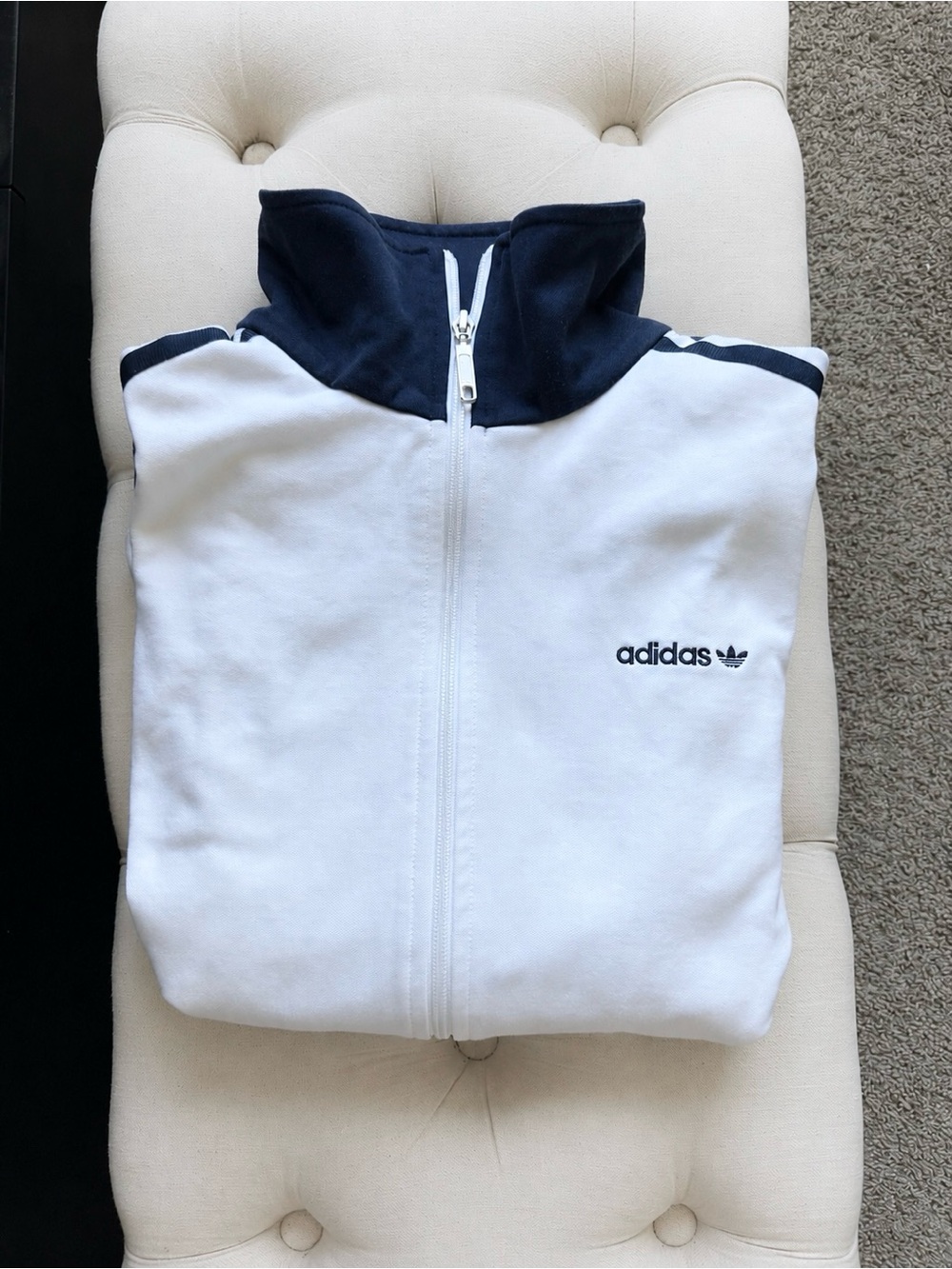 Y2K Adidas Originals White & Navy 3-Stripes Full Zip Track Jacket Men’s Medium